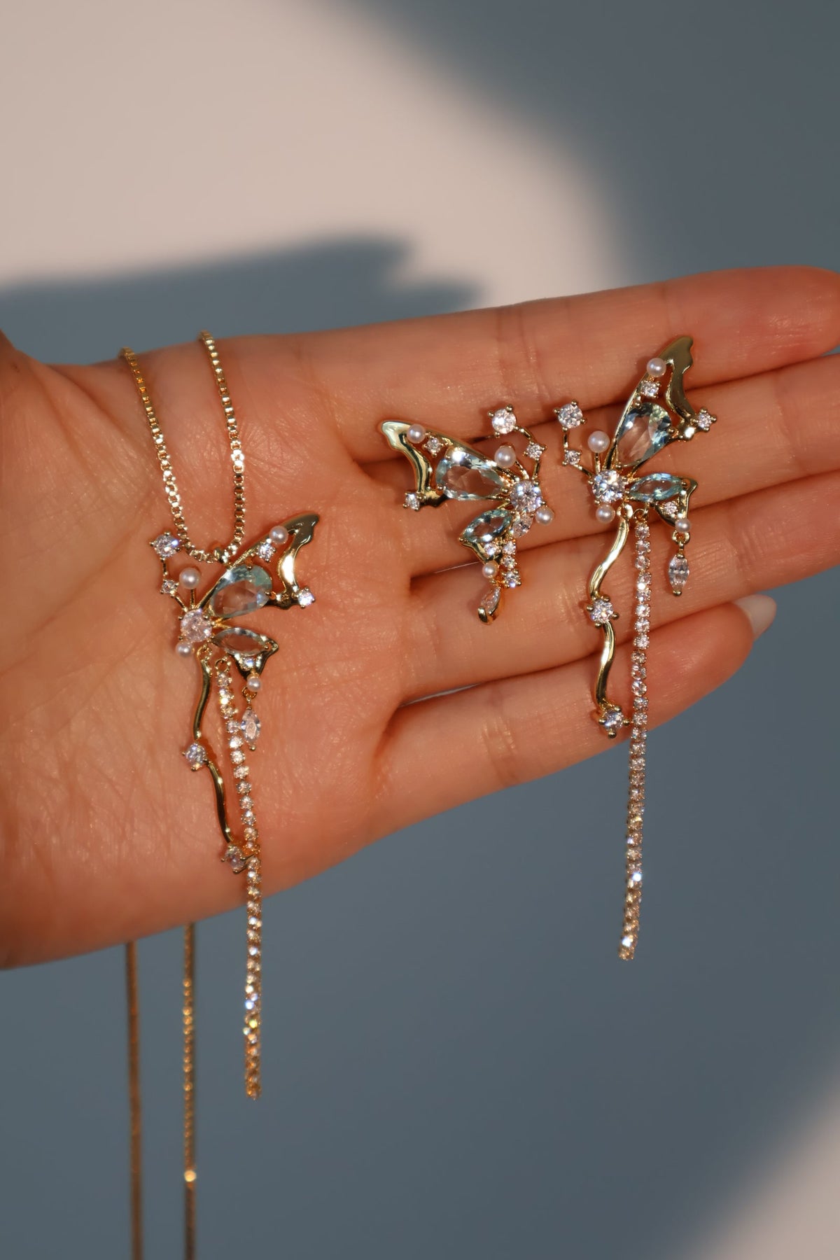 18K Real Gold Plated Blue Gem Butterfly Earrings