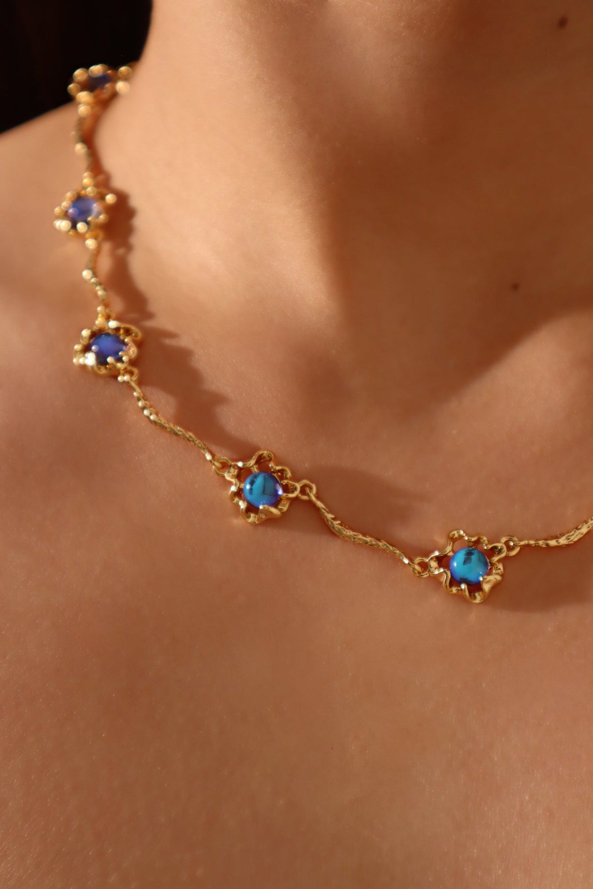 18K Real Gold Plated Multi Deep Blue Moonstones Necklace