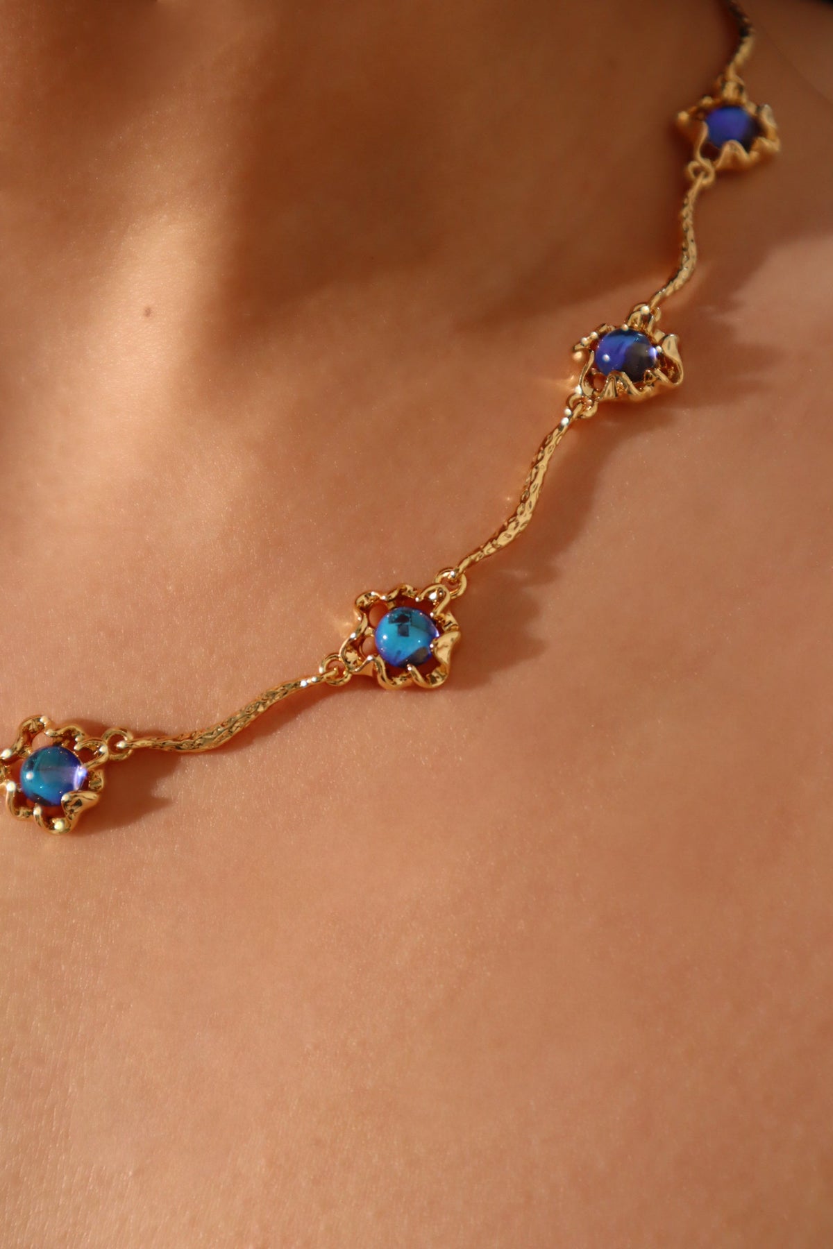 18K Real Gold Plated Multi Deep Blue Moonstones Necklace