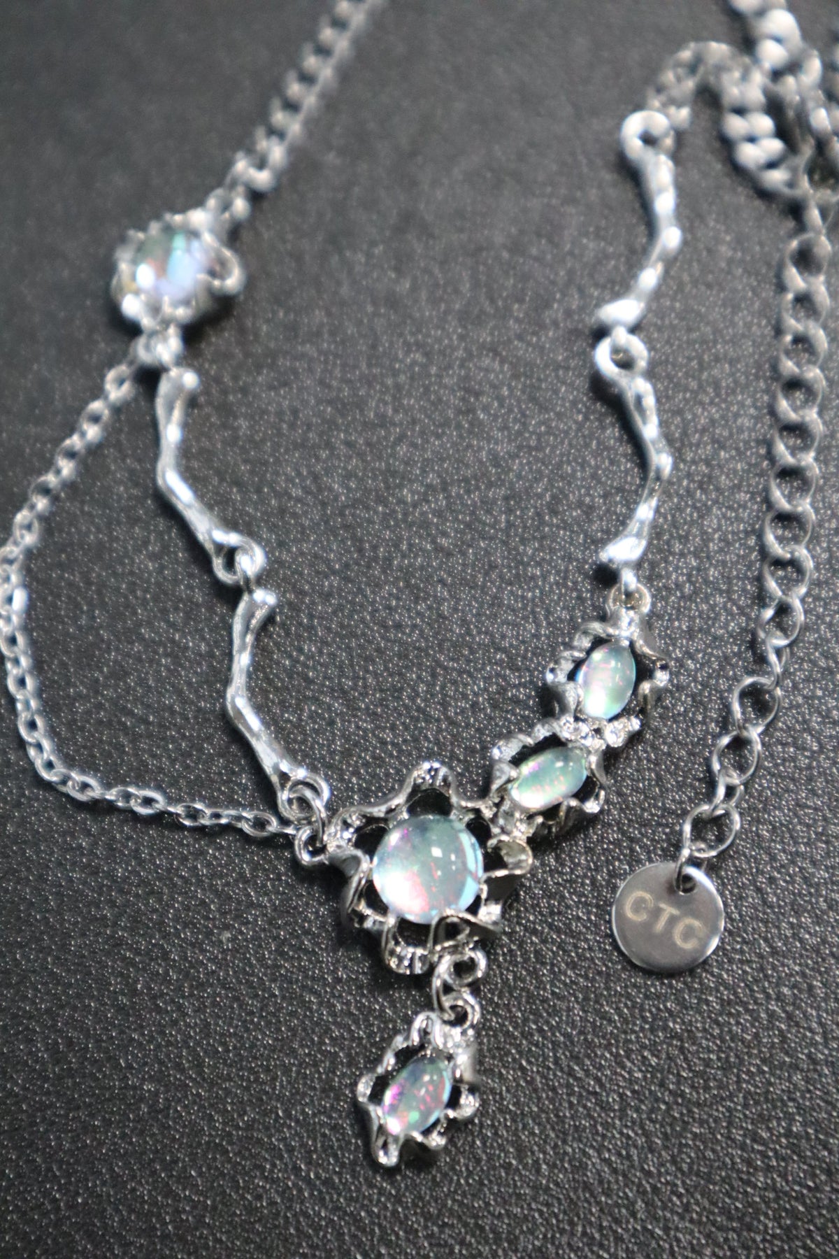 Palladium White Gold Plated Opal Dangle Necklace