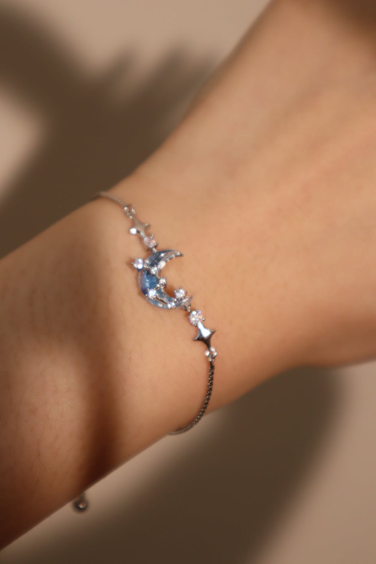 Palladium White Gold Plated Moonstone Moon Star Bracelet